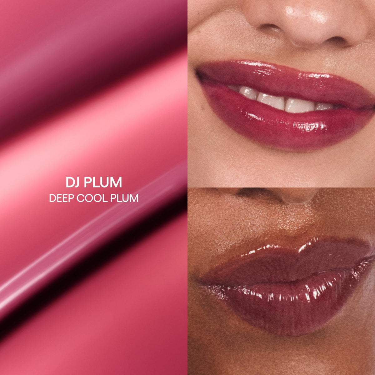 Lipstick with 'DJ Plum Deep Cool Plum' color swatch and application on lips.