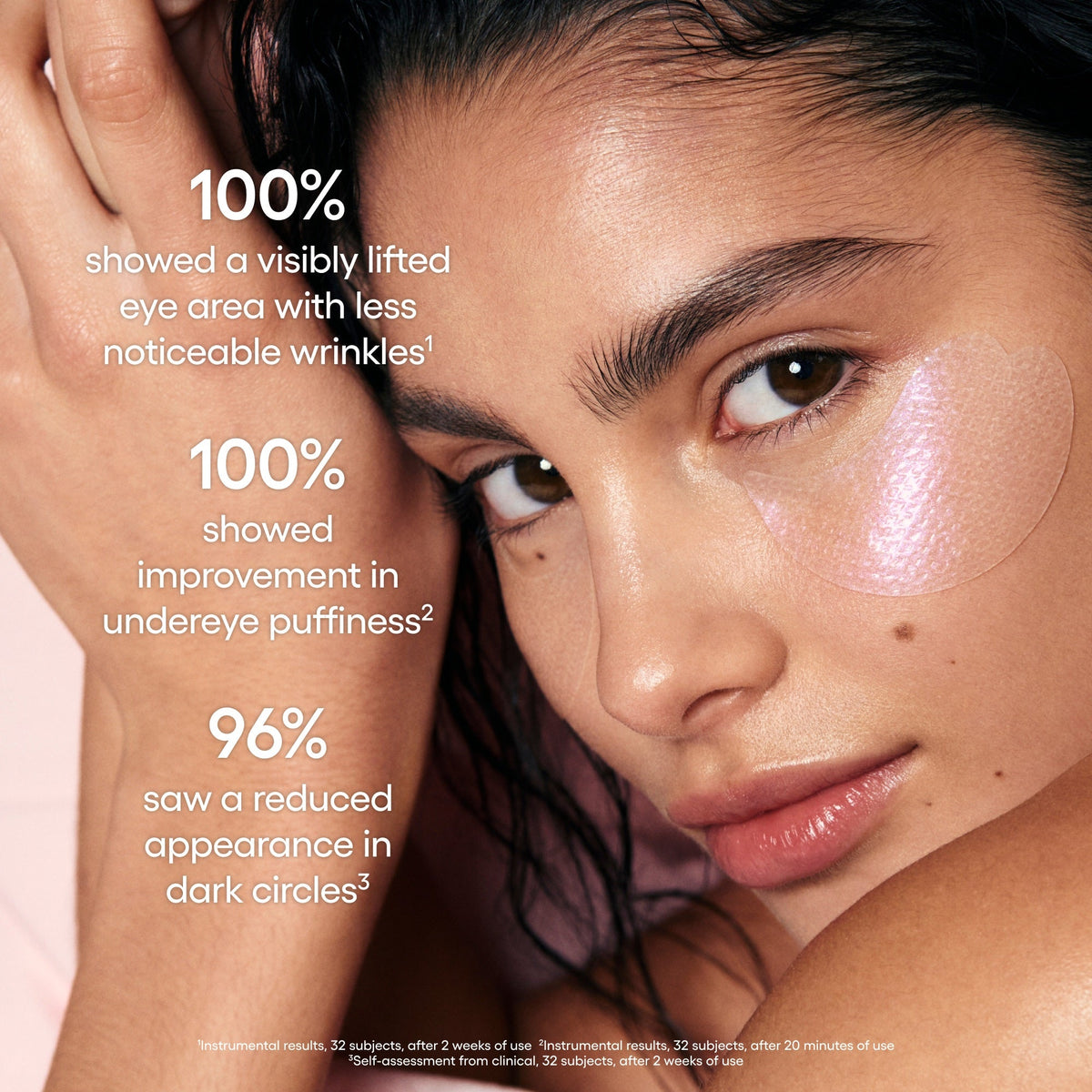 benefits of bouncy & firm eye patches. less noticeable wrinkles, improvement in undereye puffiness, and reduced appearance in dark circles
