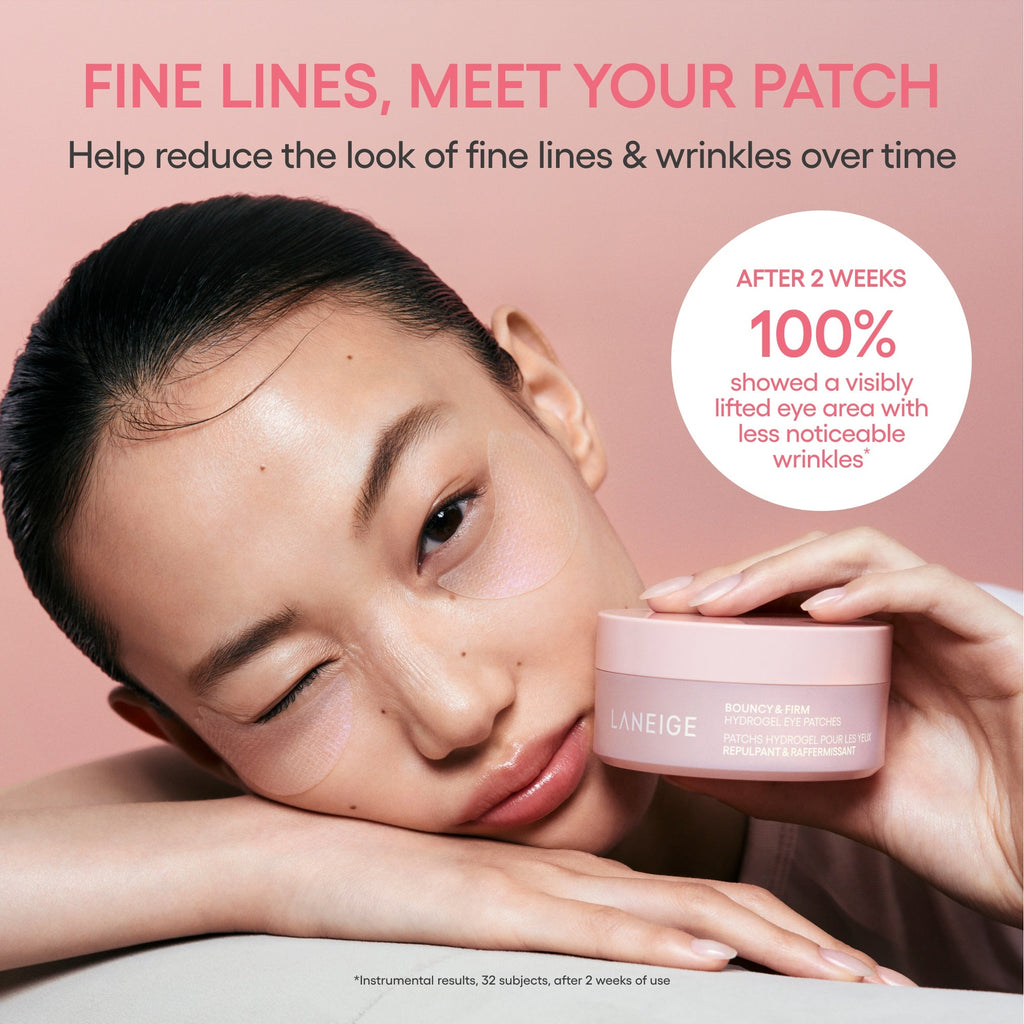 bouncy & firm eye patches on model. patches help reduce the look of fine lines & wrinkles over time