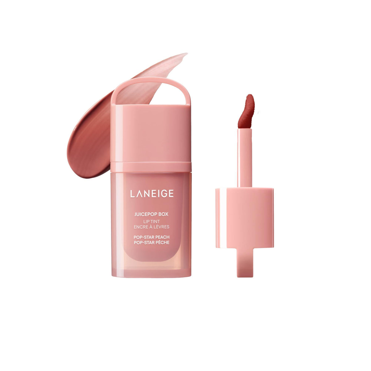 Pop-Star Peach JuicePop Box Lip Tint swatch and applicator